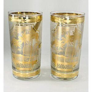 Set of 2 CULVER Hawaii Highball Glasses 22k Gold Gilded Glassware Palm Trees